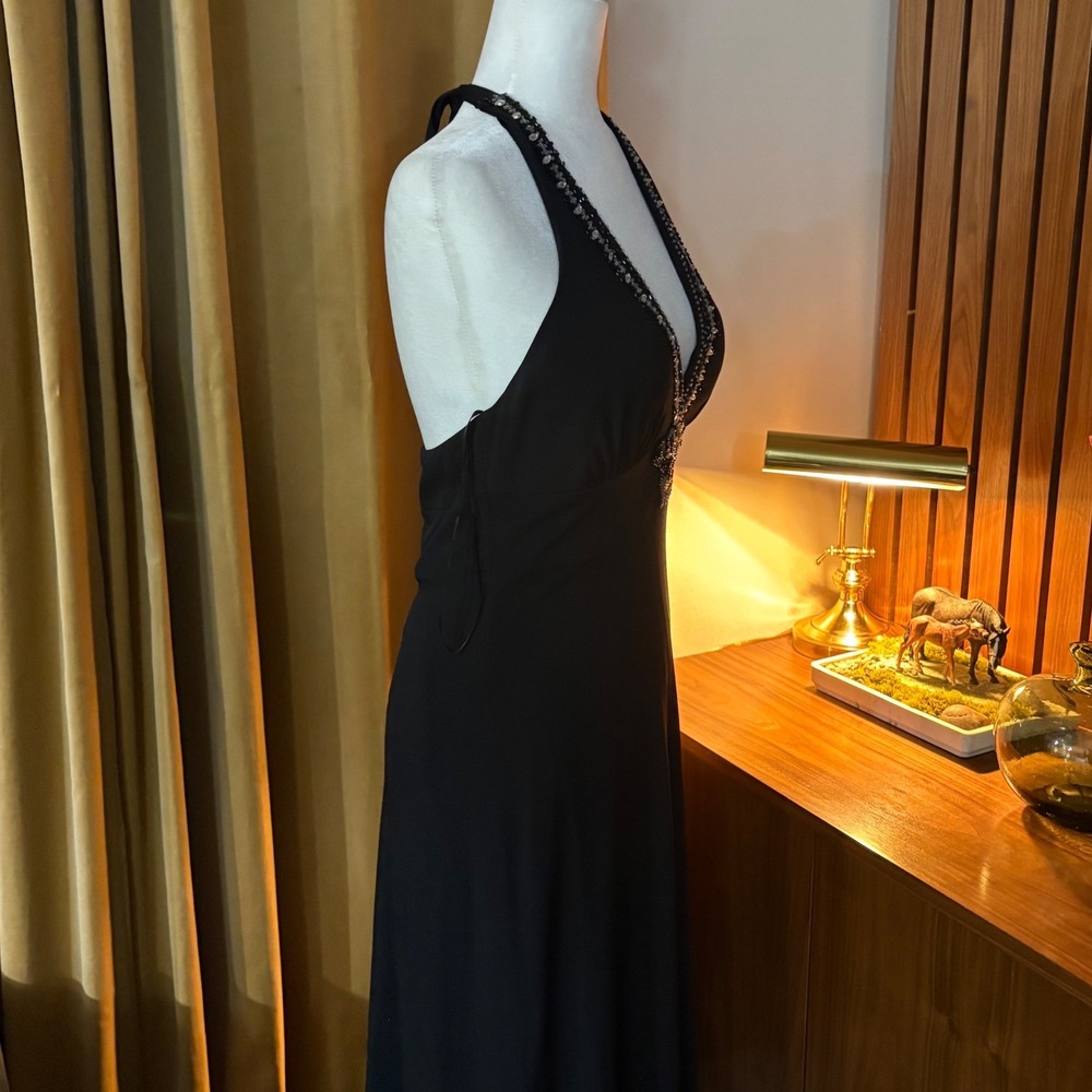 Vtg 90s Cache Black Beaded Halter Neck V-Neck Midi Cocktail Dress 30021 Womens 6 - Picture 3 of 5